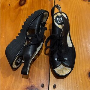 FLY LONDON 38 Black Ylfa Leather Lace Up Open Toe Wedge Shoes